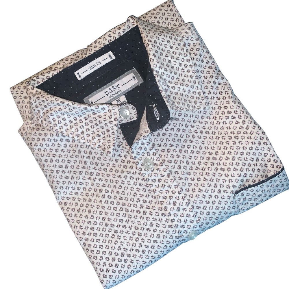 PD&C Men's Button Up Shirt Short Sleeve Stretch Slim Fit Size M  Blue Red Design